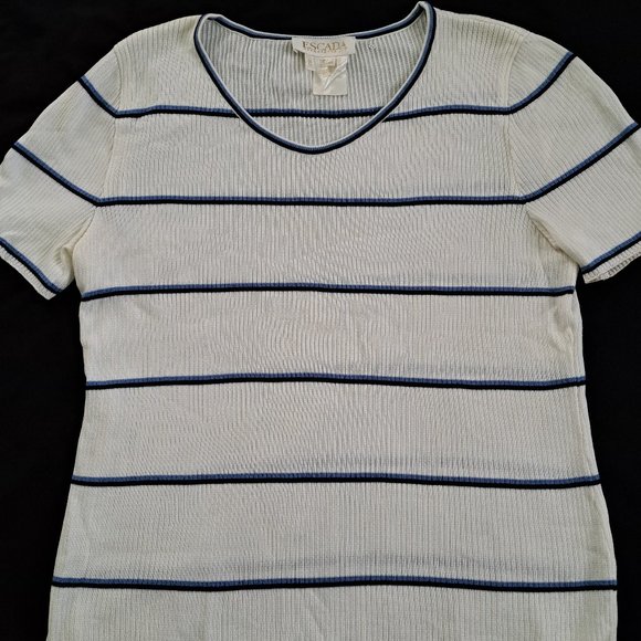Vintage Escada Margarethe Ley Short Sleeve Sweater Pullover White Blue Size 42 - Picture 1 of 7